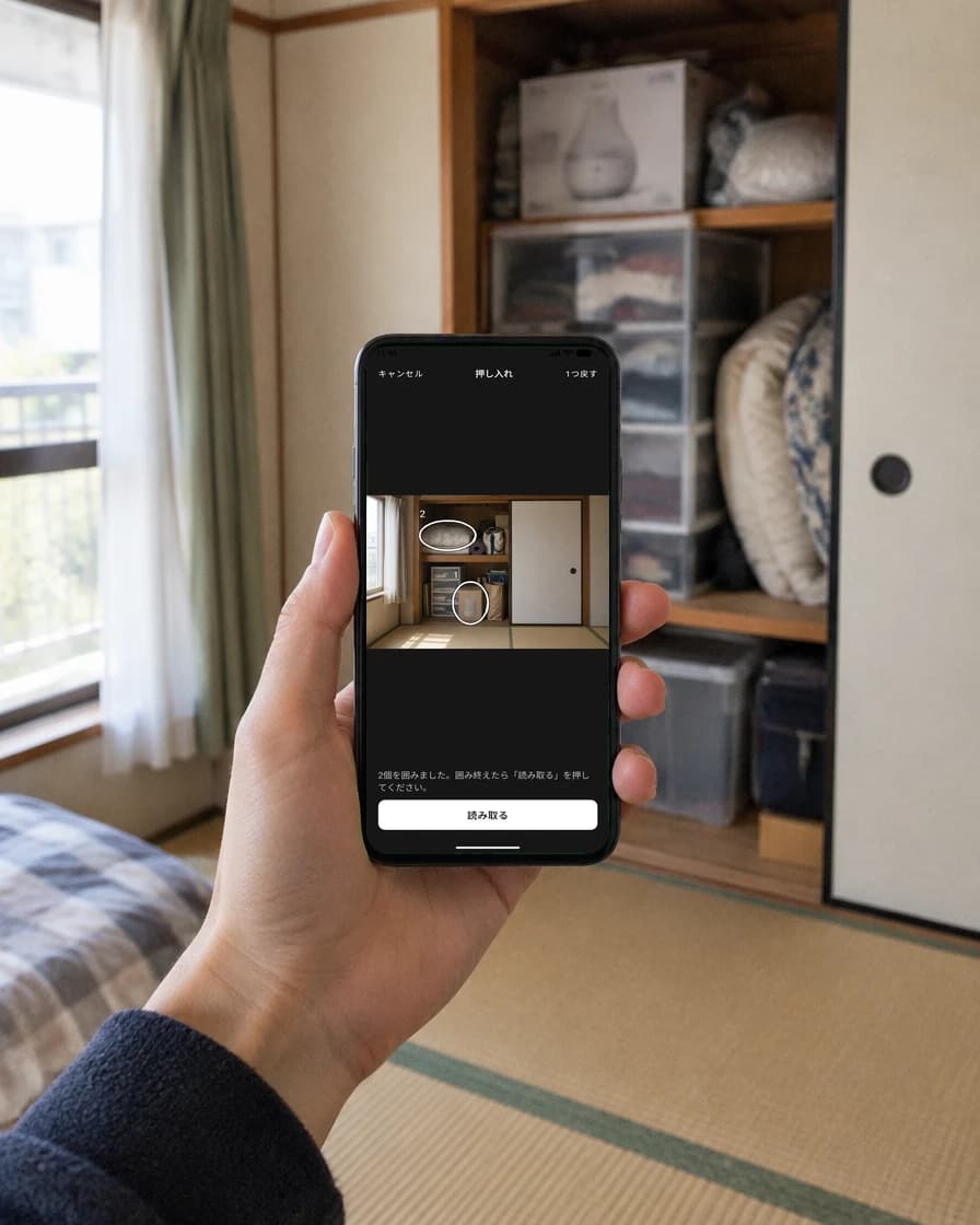 押し入れの前でスマホを構え、アプリで物を囲んでいるところ